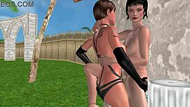 3d animated video of two girls interacting against the wall in a cartoon style.