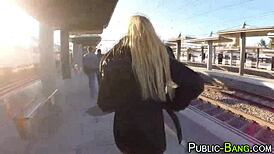 a slutty blonde amateur with big tits titfucks outdoors in public, mixing blowjobs and handjobs