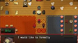 Redhead milf blocks with giant tits in harem game.