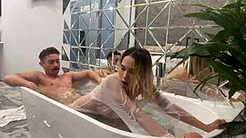 A toilet slut swallows cum. She rides her tiny ass on a thick shaft.