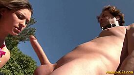 Teen dominates mature cock with a fierce rough handjob