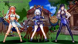 嘿伙计们，看看这个狂野原神芙宁娜、妮露和夜兰hentai MMD动作