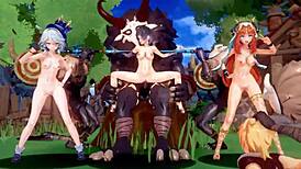 嘿伙计们，看看这个狂野原神芙宁娜、妮露和夜兰hentai MMD动作