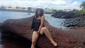 My Seductive Stepmom Lounges on a Bustling Public Beach, Petite and Natural