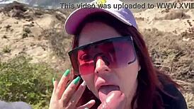 Milf fucks outdoor in public with big tits and ass, getting cumshot in rapid street quickie