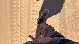 Milf fucks outdoor in public with big tits and ass, getting cumshot in rapid street quickie