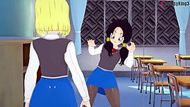 Android 18 and Videl share lesbian sex