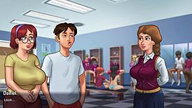 Innocent redhead student Judith explores the bathroom in Summertime Saga