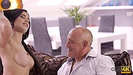 Old4K sexy brunette can't wait to bang the older man