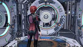 Stranded in space holding hands with asian scientist milf