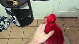 Amber gets on her knees to suck daddy's cock in homemade fun