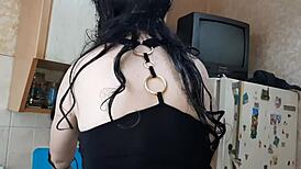 while stepmom cooks dinner, girlfriend sneaks a lick on my pussy in kitchen