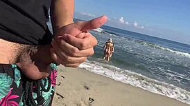 Two Unknown Girls Watch Me Masturbate on Beach and Join for a Handjob