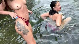 Brazilian beauty and friend get wet and wild banging in a waterfall bath.