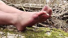 Goddess Teases with Feet in Tan Pantyhose in Spring Forest