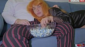 my stepmom starts sucking my dick during movie night, then we bang