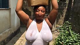 this dirty bitch got fucked while doing laundry outside