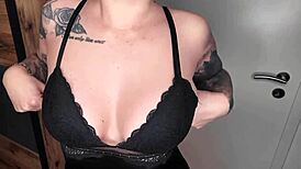 european girl gives hot footjob while naked, then more with wet pussy and pierced nipples