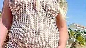 Transparent dress flashing everything without underwear in daring outdoor display