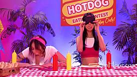 Dkye soaks her strapon at a wild hotdog eating contest.