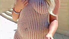 Transparent dress flashing everything without underwear in daring outdoor display