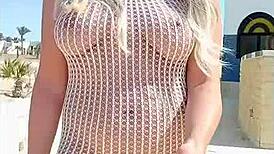 Transparent dress flashing everything without underwear in daring outdoor display