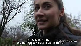 euro brunette strips nude in public for quick cash