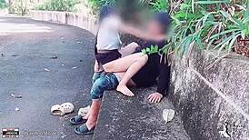 Student Fucks Girlfriend on Show in the Park with Rough Outdoor Action