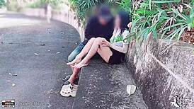 Student Fucks Girlfriend on Show in the Park with Rough Outdoor Action