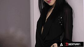 gorgeous petite 18+ alyssa bounty bends over and uses her wet pussy to make a big cock cum on her pretty feet