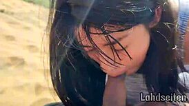 Teen swallows cum outdoors while deepthroating, guess the spot