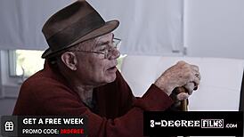 Old man River enjoys watching hot babe ride hard in deepthroat action