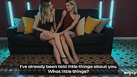 Submissive Ada Lapiedra collared and teased by dominant Angelique Lapiedra