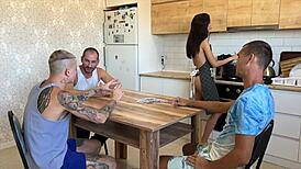 Lost your young wife at cards? Watch her take triple creampie in kitchen!