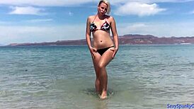 bikini blowjob at beach, boyfriend covers my tits with cum