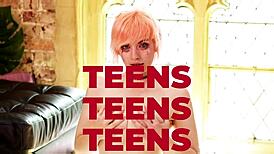 The teacher says, Come here, blonde student, let's have foreplay in stockings and uniform before I fuck your small tits hard.