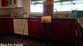 Skinny ebony woman with narrow ass gives intense handjob!