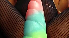 Watch this babe ride that monster cock dildo close-up, her wet hairy pussy getting filled and cumming hard.