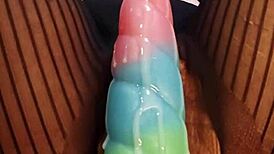 Watch this babe ride that monster cock dildo close-up, her wet hairy pussy getting filled and cumming hard.