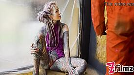 hey, watch this alt dominatrix pegging tattooed worker with dripping cumshot