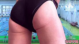 Borrowed swimsuit from girls’ club turns into secret pool masturbation at school.