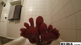 Brett says, This hot bath is making me so horny, I can't stop touching myself.