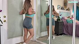 sexy milf tabithaxxx tries on tight gym leggings in bedroom, flashing curvy body and big natural tits for pov fans during sfw haul.