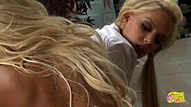 Three lesbian friends in uniforms share wild desk play with toys