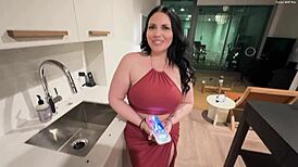 mandi may, mom's wild friend, rides a young guy for cum on tits