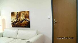 Small tits brunette touches herself on sofa