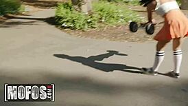 Skater girl Sophia Burns shows ass to Charles Dera for closer look