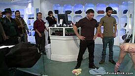 Gagged blonde bound and screwed hard in public shop.