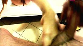 Ball Busting Session with Cum on Feet in Intense Femdom Bondage Play