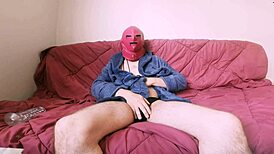 finishing with hot cum spilling all over the sofa after solo play.